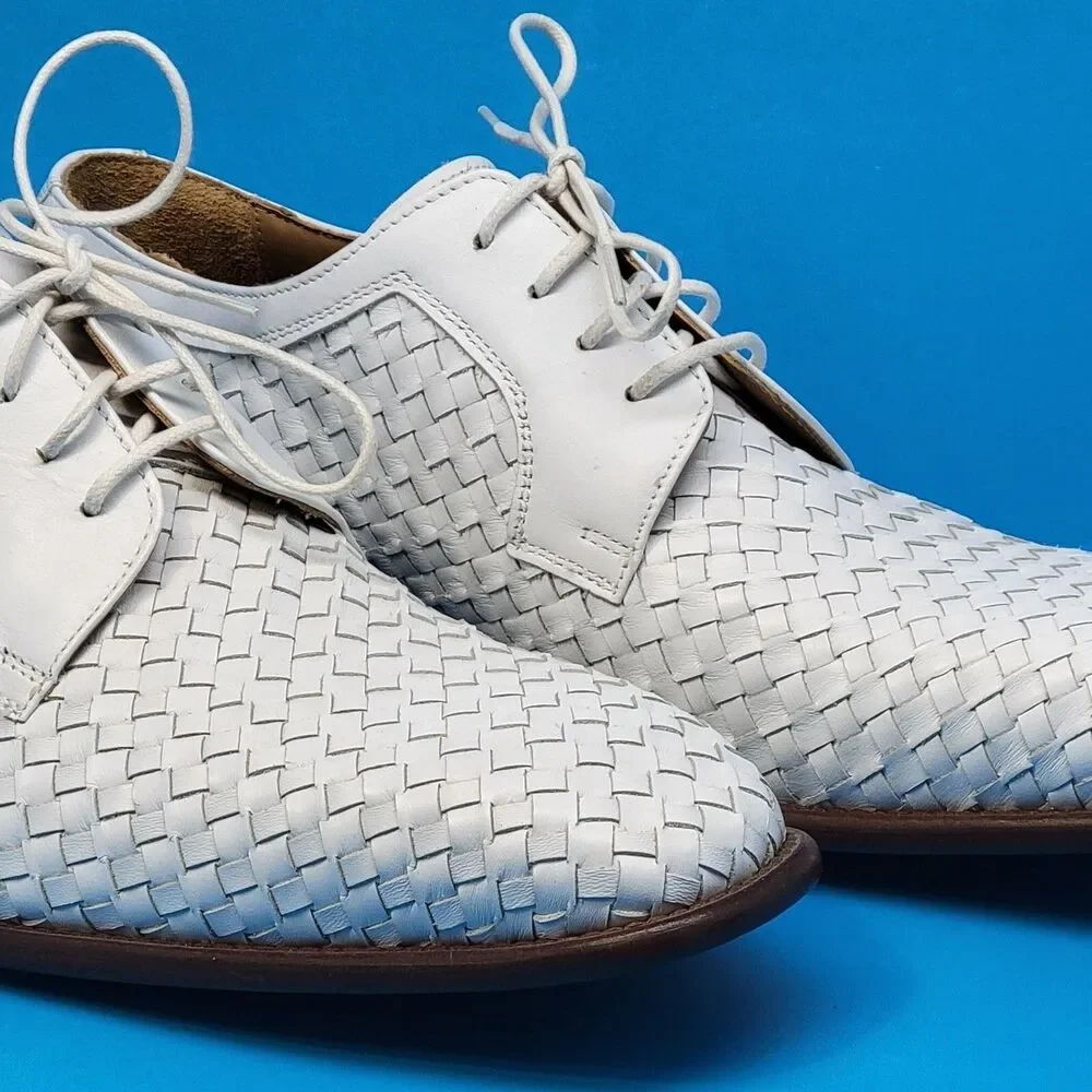 Paul Fredrick FPK 115D Mens White Leather Woven Derbys US 10 M Made In Italy EUC